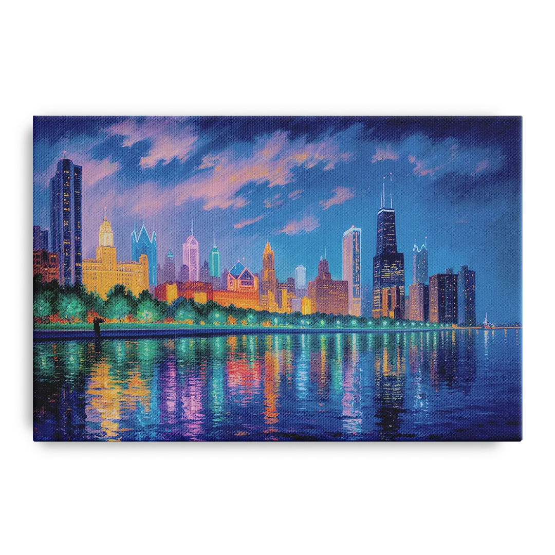 Chicago Neon Reflections at Night - Canvas Wall Art