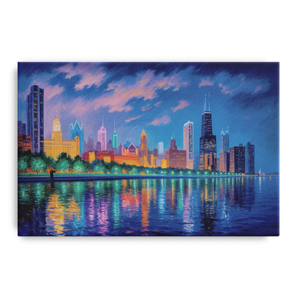 Chicago Neon Reflections at Night - Canvas Wall Art