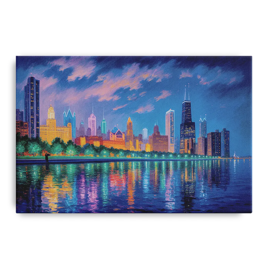 Chicago Neon Reflections at Night - Canvas Wall Art