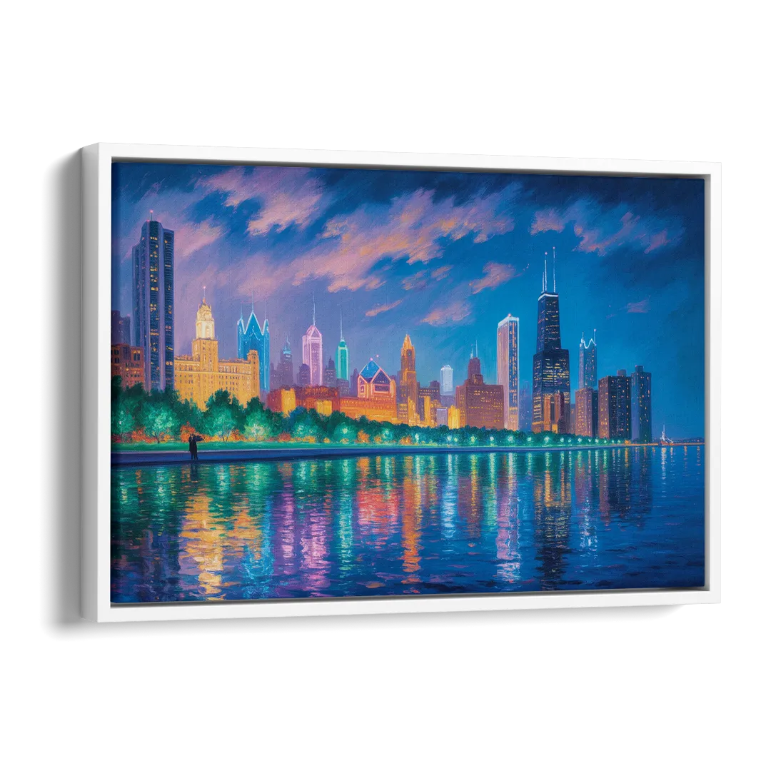Chicago Neon Reflections at Night Side - White Canvas Wall Art