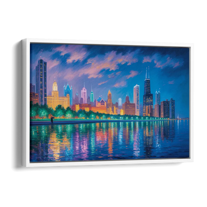 Chicago Neon Reflections at Night Side - White Canvas Wall Art