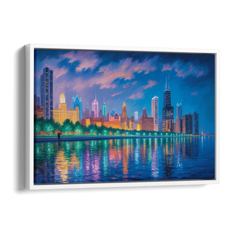 Chicago Neon Reflections at Night Side - White Canvas Wall Art