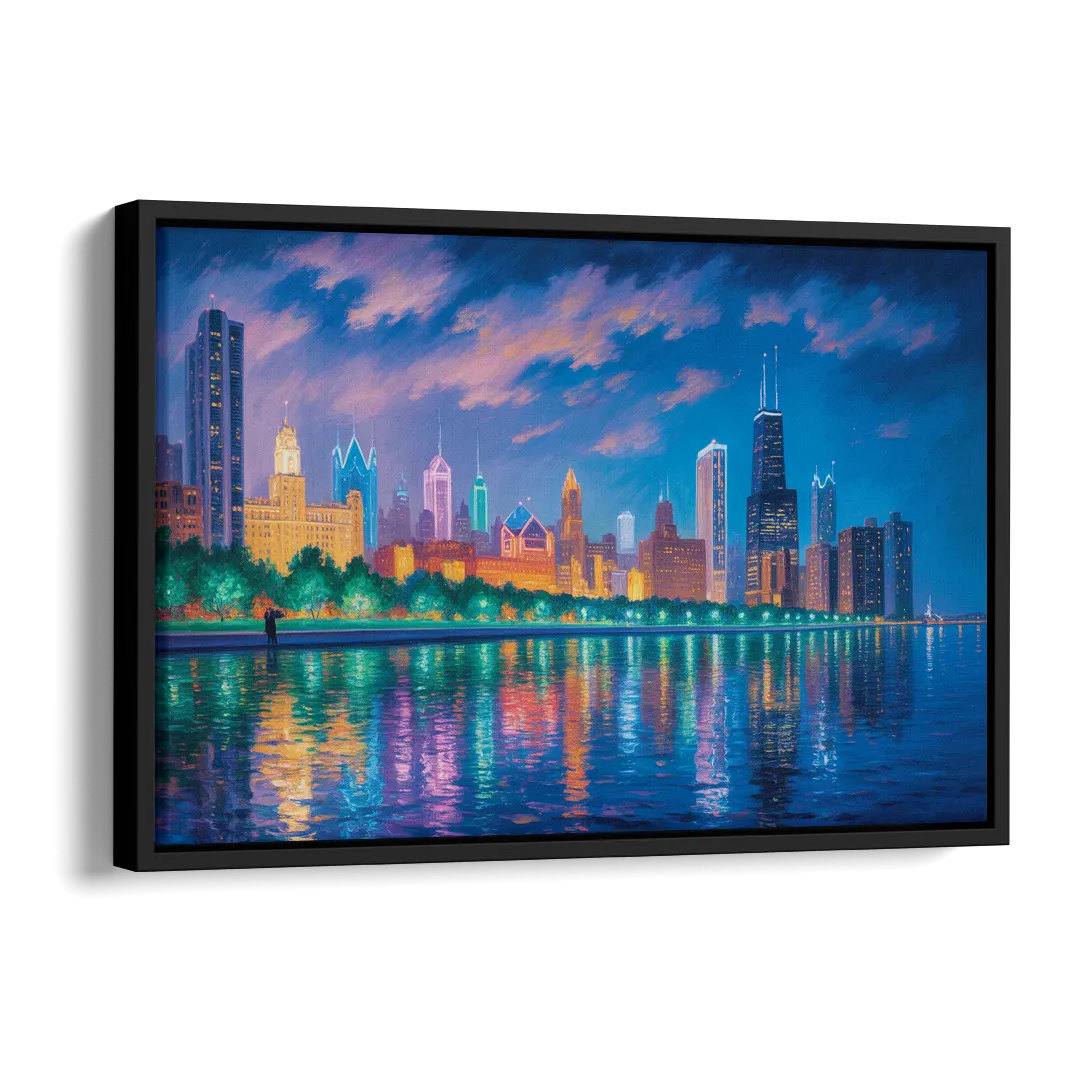 Chicago Neon Reflections at Night Side - Black Canvas Wall Art