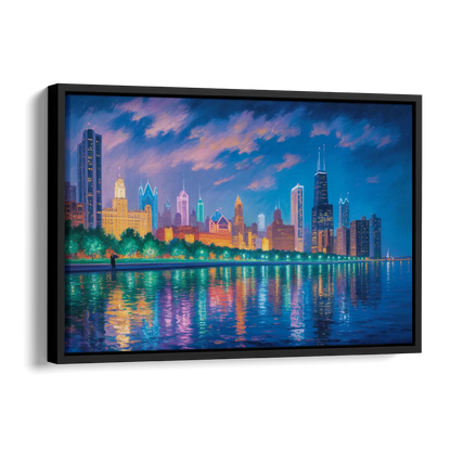 Chicago Neon Reflections at Night Side - Black Canvas Wall Art