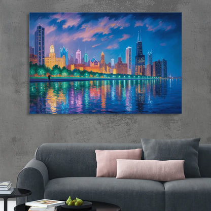 Chicago Neon Reflections at Night Sitting Room - Canvas Wall Art