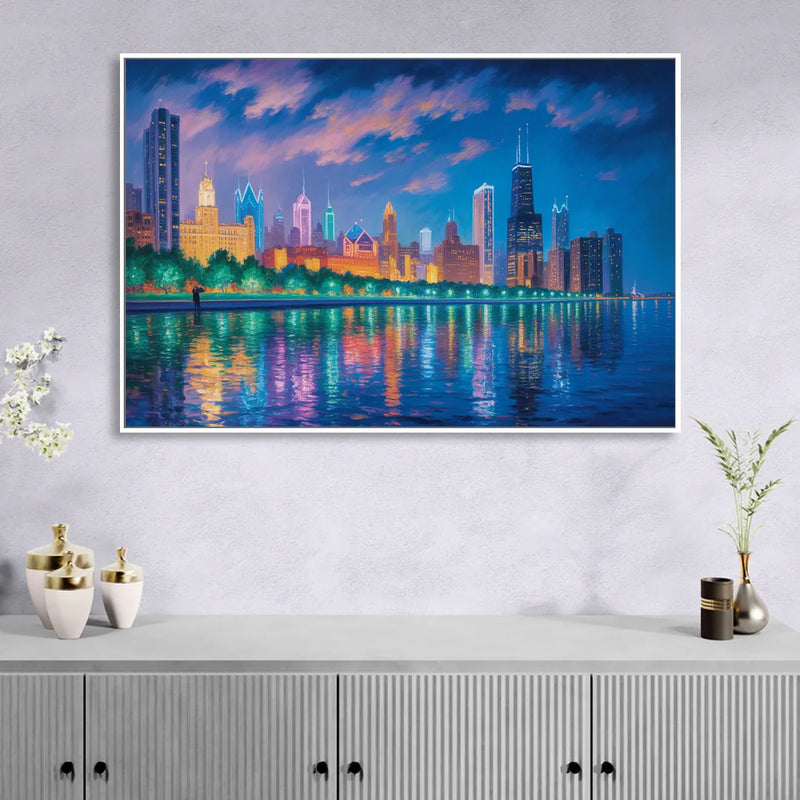 Chicago Neon Reflections at Night Living Room - White Canvas Wall Art