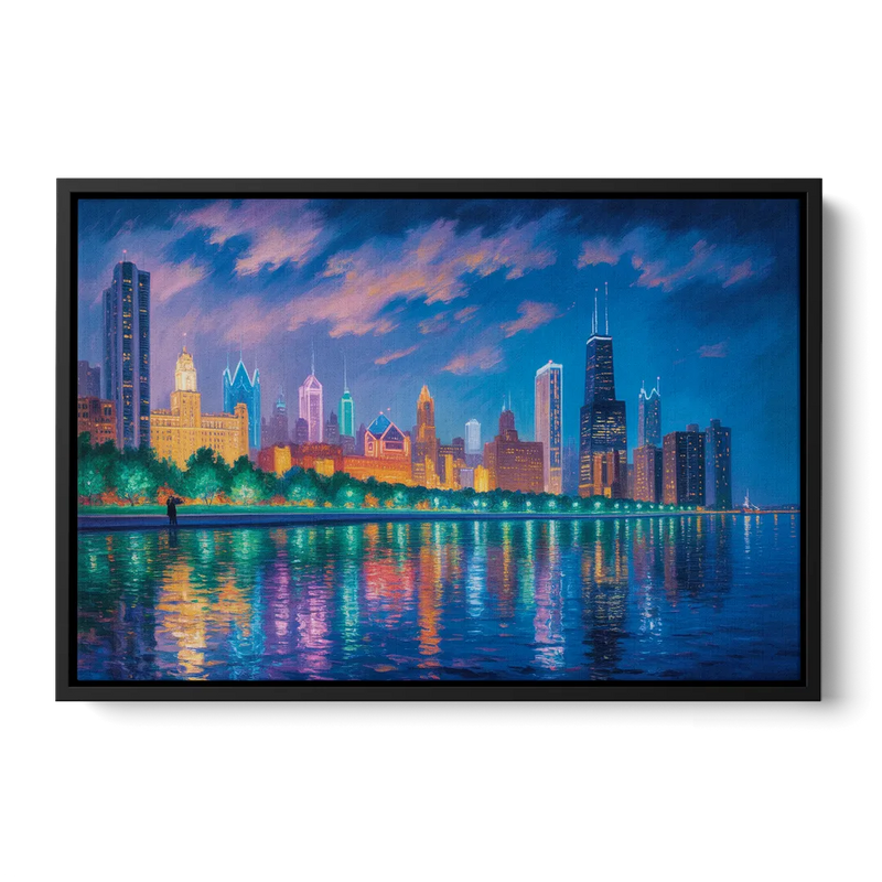 Chicago Neon Reflections at Night Front - Black Canvas Wall Art
