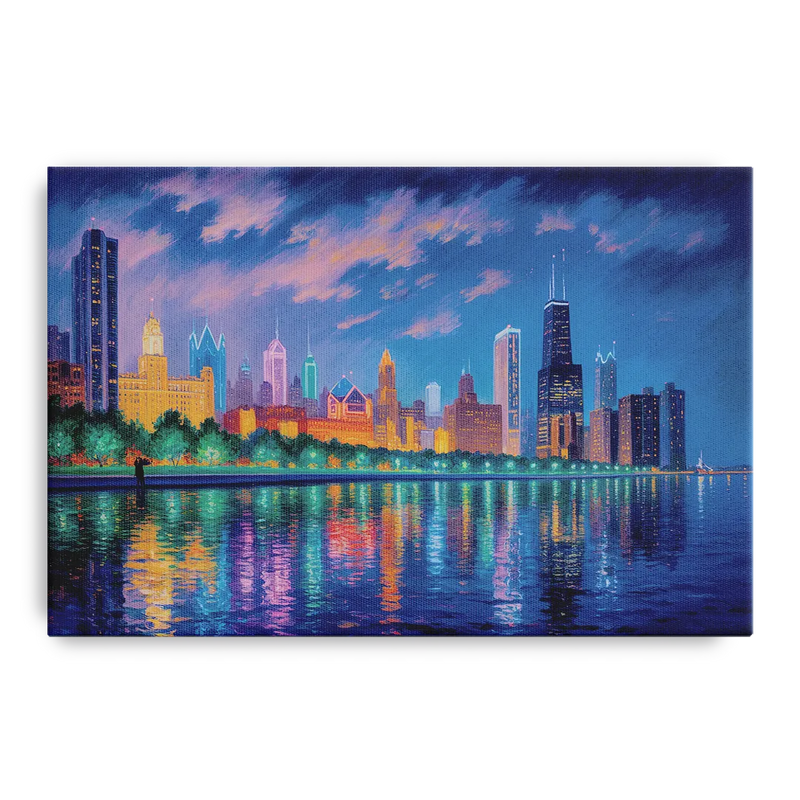 Chicago Neon Reflections at Night Front - Canvas Wall Art