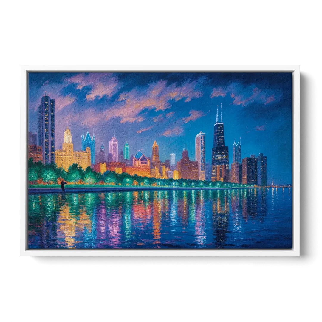 Chicago Neon Reflections at Night - White Frame Canvas