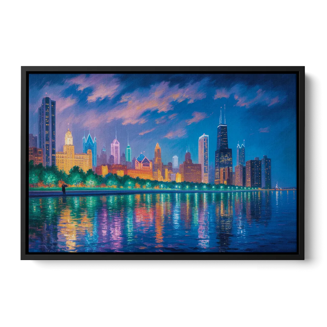 Chicago Neon Reflections at Night - Black Frame Canvas
