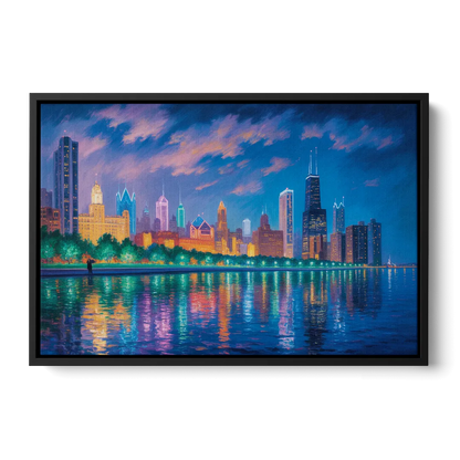 Chicago Neon Reflections at Night - Black Frame Canvas