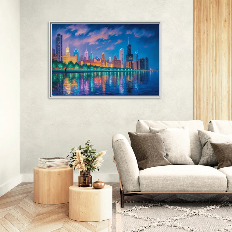Chicago Neon Reflections at Night - Living Room White Frame Canvas