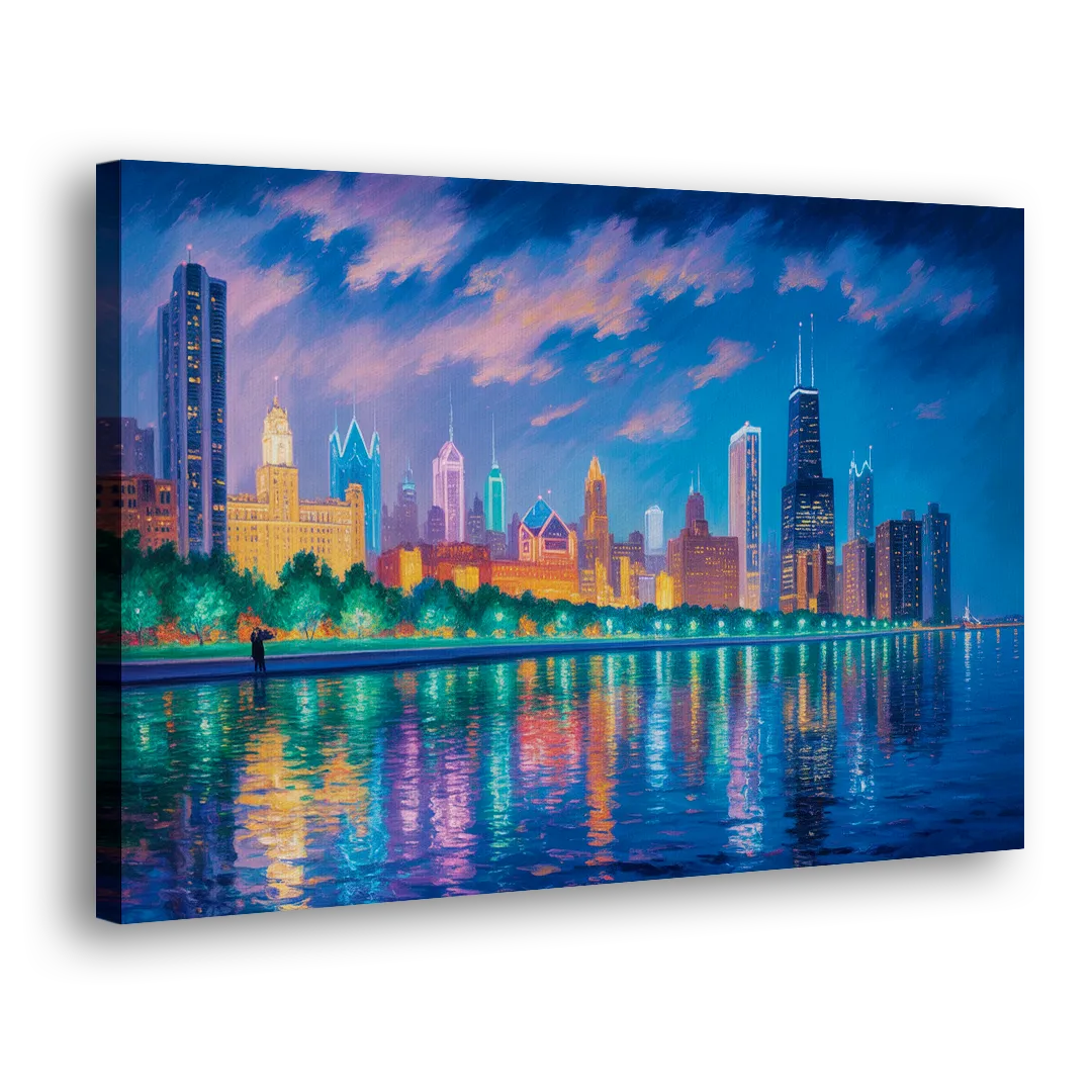 Chicago Neon Reflections at Night - Canvas Print Art Sides