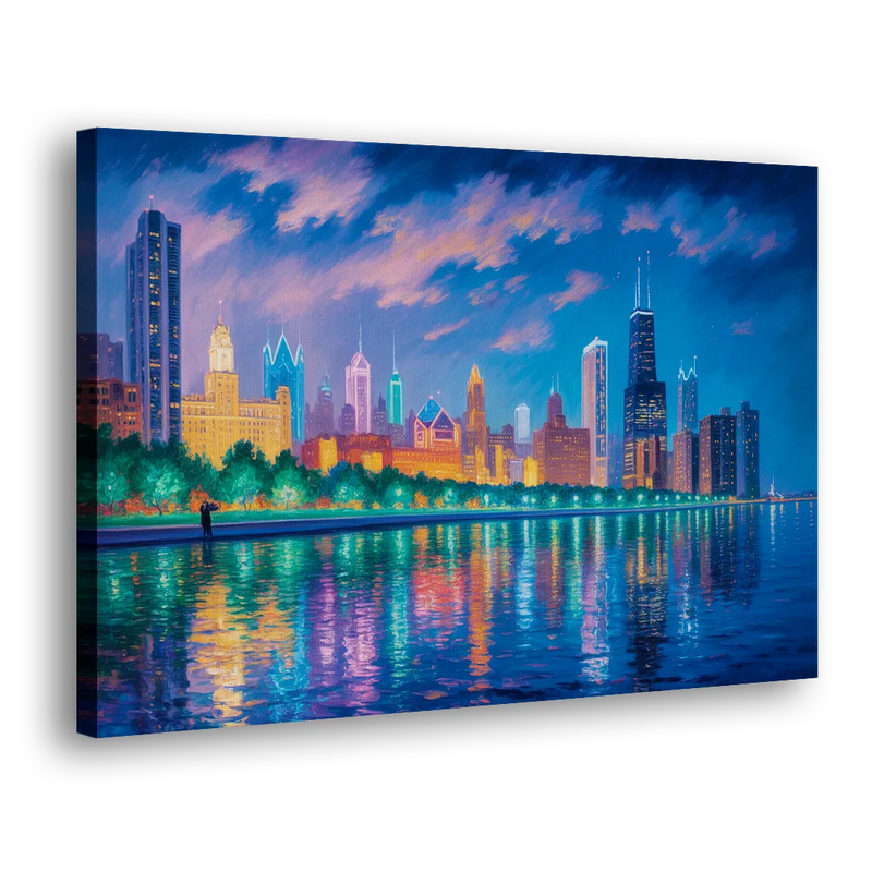 Chicago Neon Reflections at Night - Canvas Print Art Sides