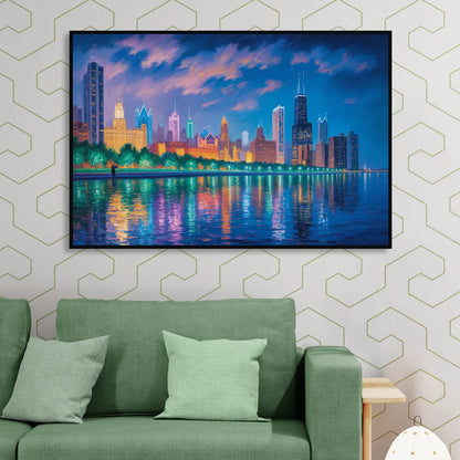 Chicago Neon Reflections at Night Sitting Room - Black Canvas Wall Art