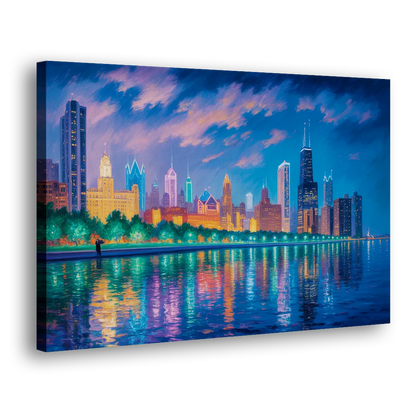Chicago Neon Reflections at Night Side - Canvas Wall Art