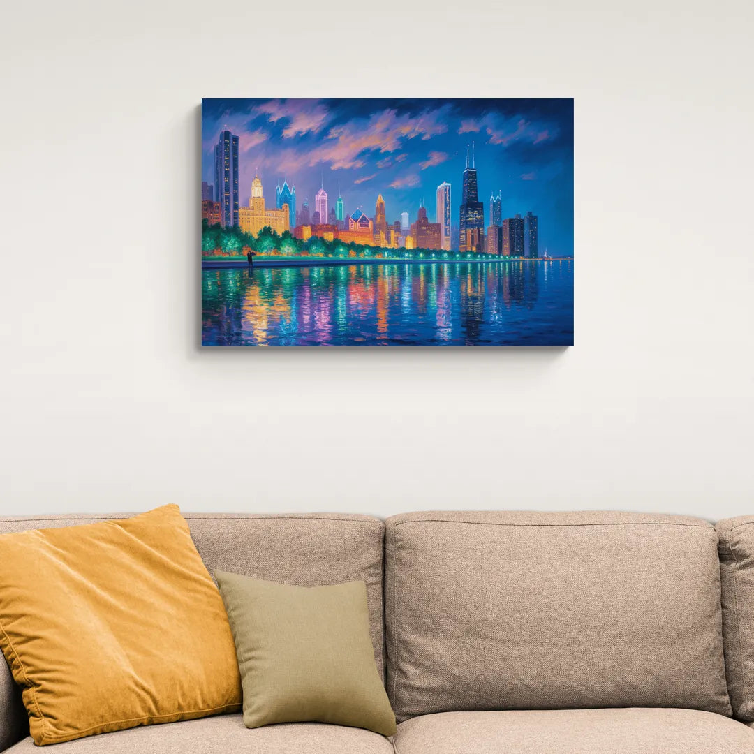 Chicago Neon Reflections at Night - Canvas Wall Art Living Room