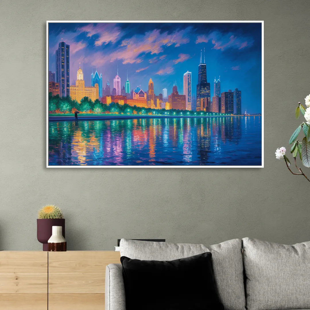 Chicago Neon Reflections at Night Sitting Room - White Canvas Wall Art