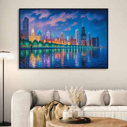Chicago Neon Reflections at Night Living Room - Black Canvas Wall Art