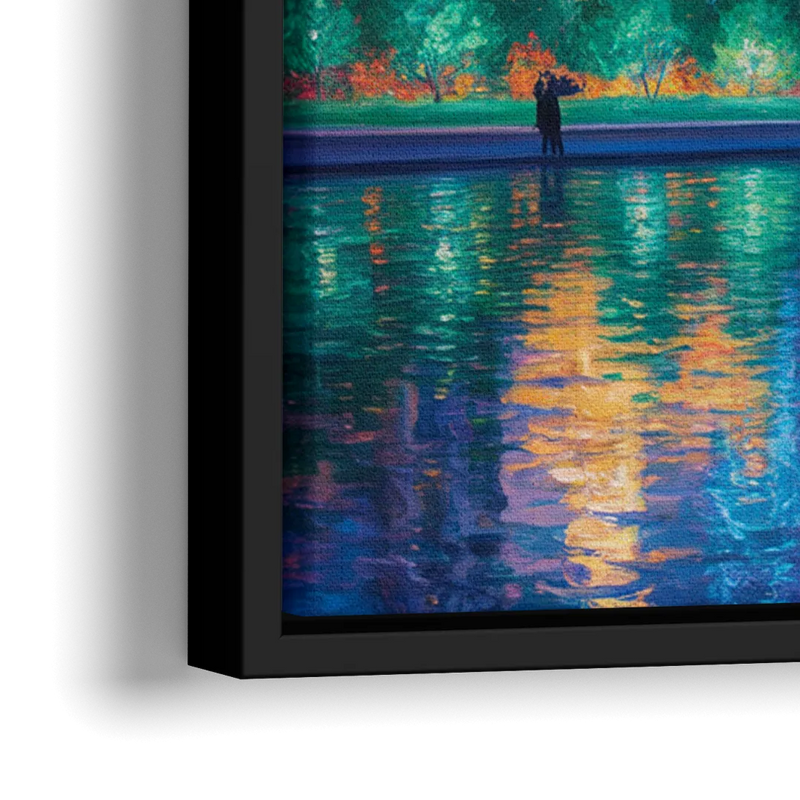 Chicago Neon Reflections at Night - Close-Up Black Frame Canvas