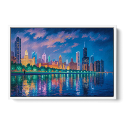 Chicago Neon Reflections at Night Front - White Canvas Wall Art