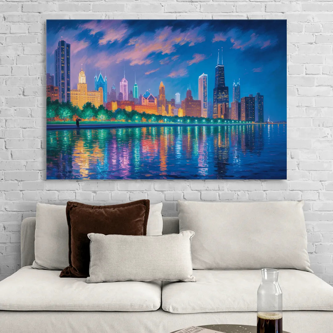 Chicago Neon Reflections at Night Living Room - Canvas Wall Art