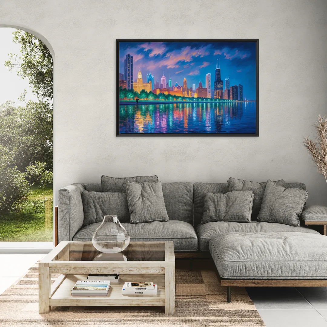 Chicago Neon Reflections at Night - Living Room Black Frame Canvas