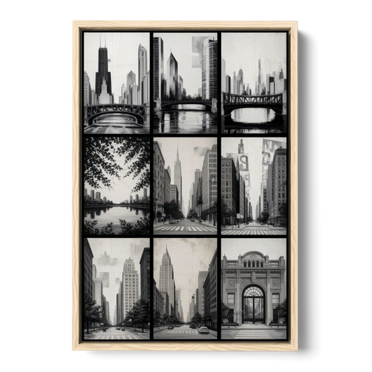 Chicago Nine Neighborhoods Grid - Oak Framed Canvas Wall Art - Front