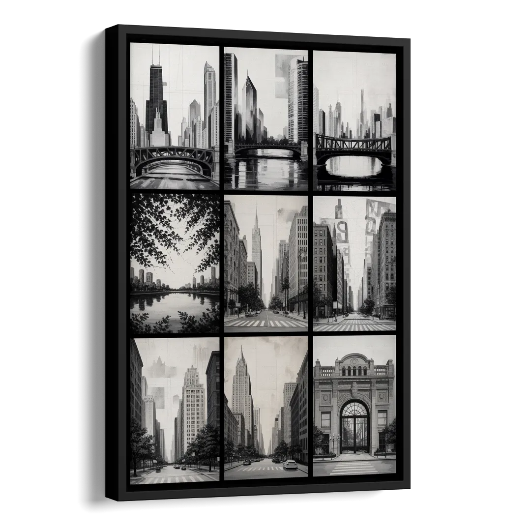 Chicago Nine Neighborhoods Grid Side - Black Canvas Wall Art