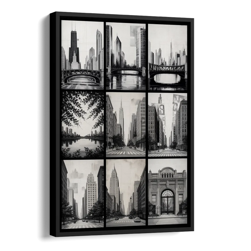 Chicago Nine Neighborhoods Grid Side - Black Canvas Wall Art