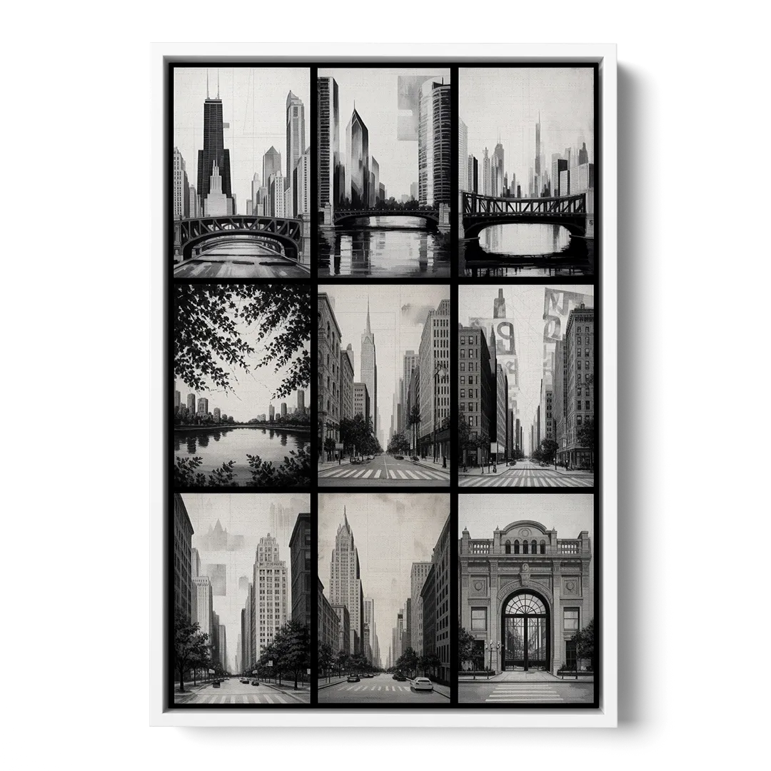 Chicago Nine Neighborhoods Grid - White Frame Canvas