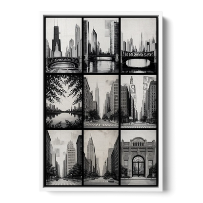 Chicago Nine Neighborhoods Grid - White Frame Canvas