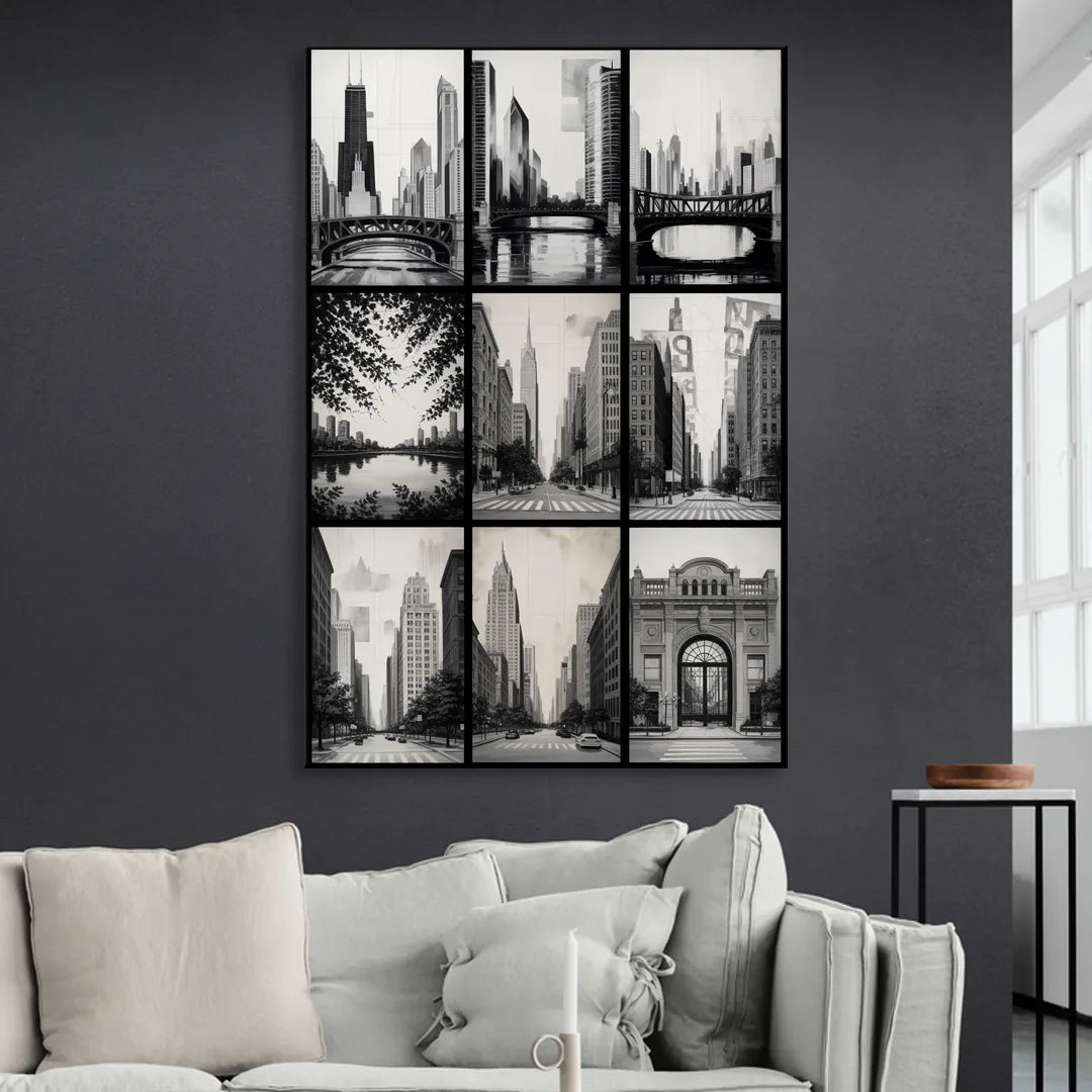 Chicago Nine Neighborhoods Grid Living Room - Canvas Wall Art