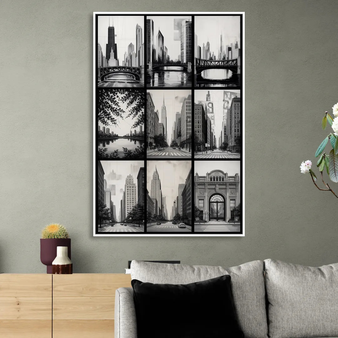 Chicago Nine Neighborhoods Grid Sitting Room - White Canvas Wall Art