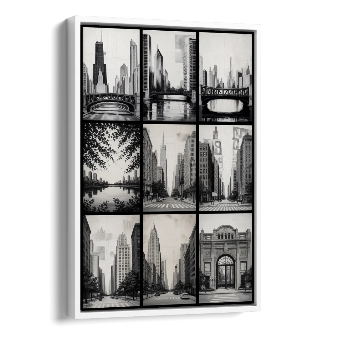 Chicago Nine Neighborhoods Grid Side - White Canvas Wall Art