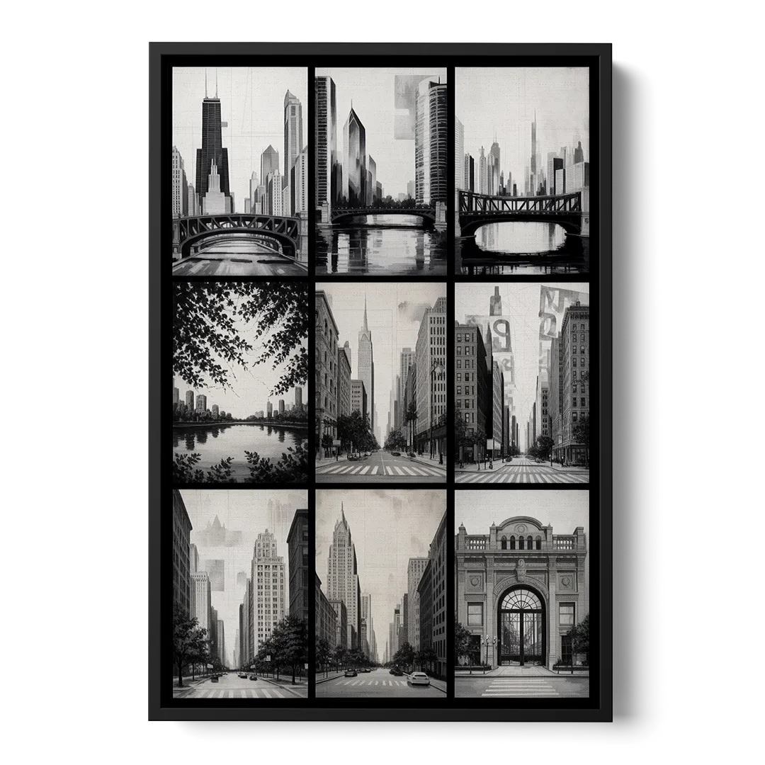 Chicago Nine Neighborhoods Grid - Black Frame Canvas