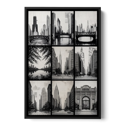 Chicago Nine Neighborhoods Grid - Black Frame Canvas