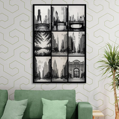 Chicago Nine Neighborhoods Grid Sitting Room - Black Canvas Wall Art