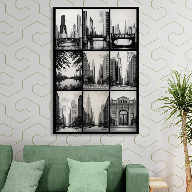 Chicago Nine Neighborhoods Grid Sitting Room - Black Canvas Wall Art