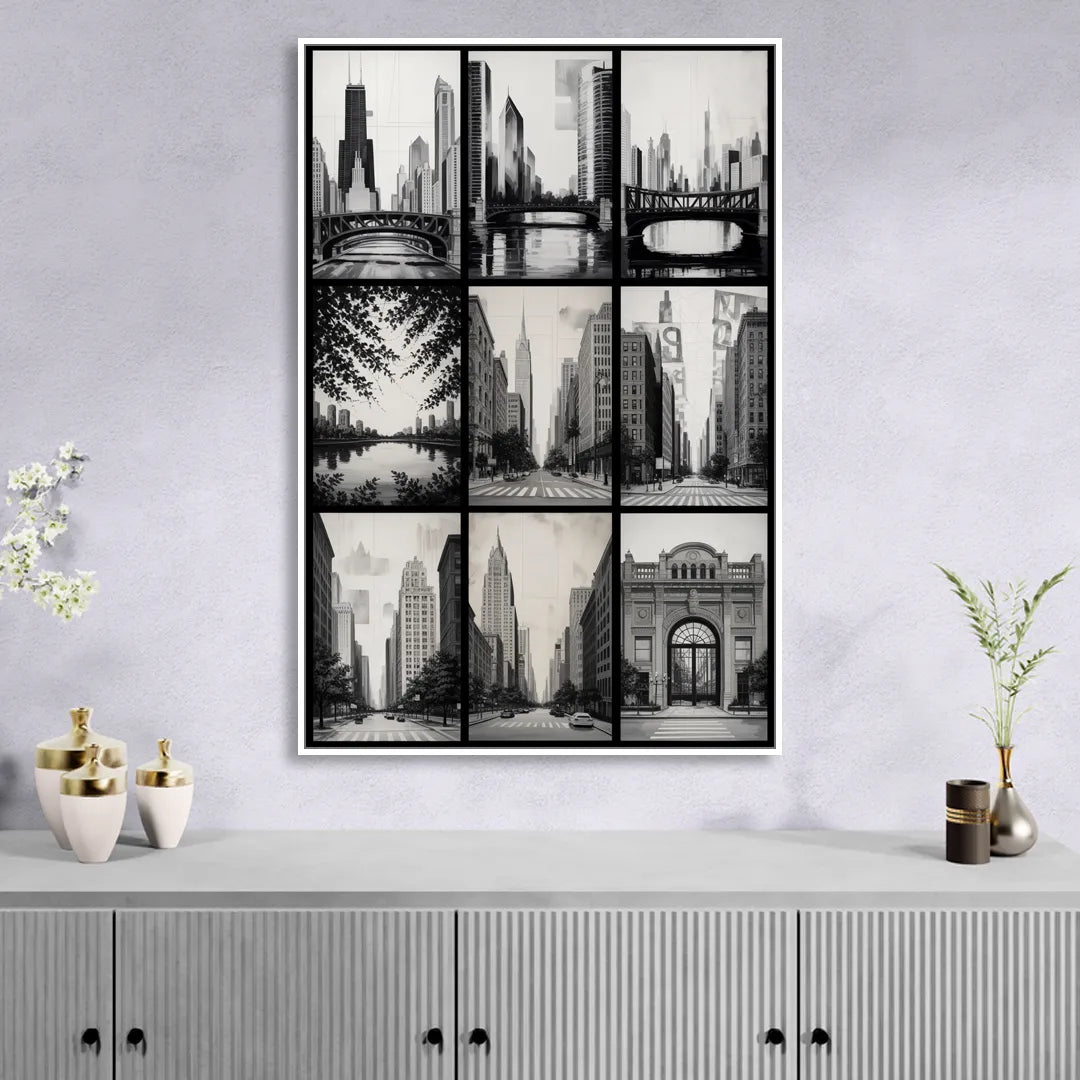 Chicago Nine Neighborhoods Grid Living Room - White Canvas Wall Art