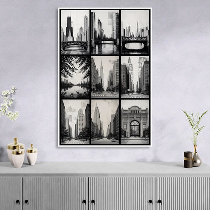 Chicago Nine Neighborhoods Grid Living Room - White Canvas Wall Art
