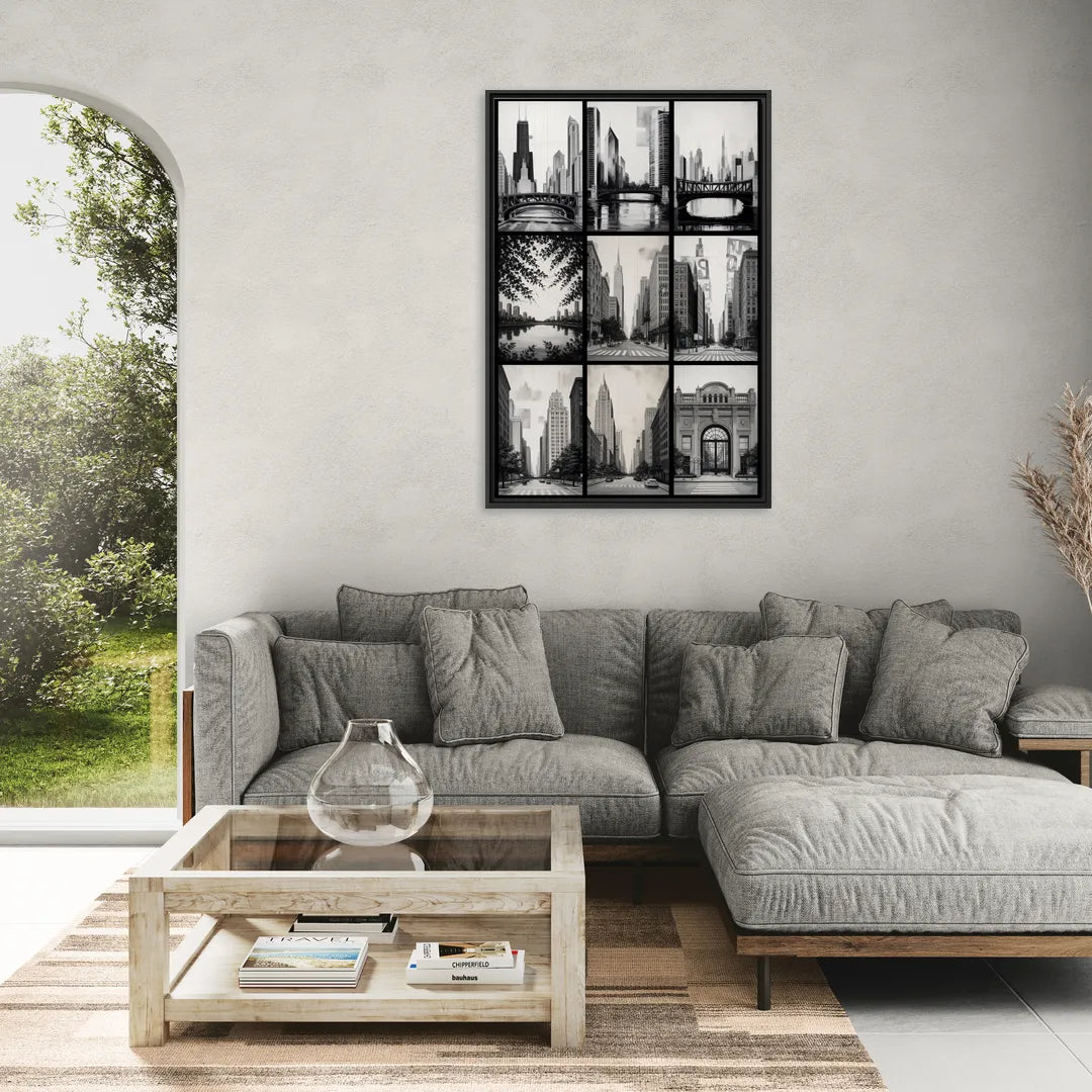 Chicago Nine Neighborhoods Grid - Living Room Black Frame Canvas