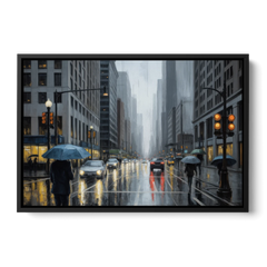 Chicago Rainy Streets in Monochrome - Black Framed Canvas Wall Art - Front