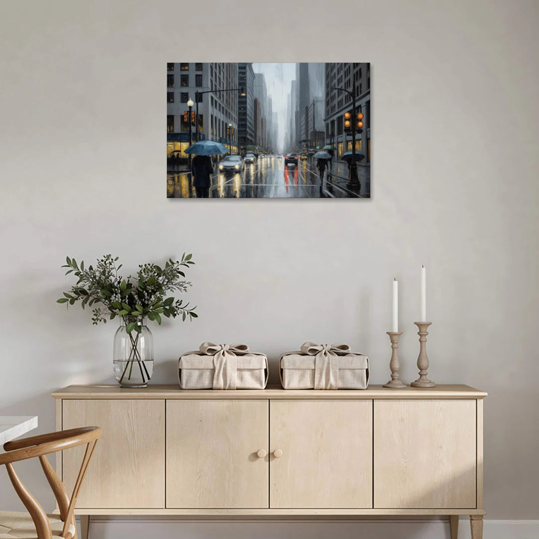 Chicago Rainy Streets in Monochrome - Canvas Wall Art - Coffee Table - 36x24