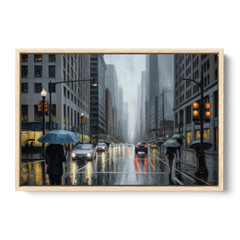 Chicago Rainy Streets in Monochrome - Oak Framed Canvas Wall Art - Front