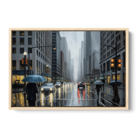 Chicago Rainy Streets in Monochrome - Oak Framed Canvas Wall Art - Front