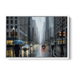 Chicago Rainy Streets in Monochrome - White Framed Canvas Wall Art - Front