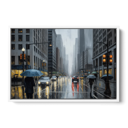 Chicago Rainy Streets in Monochrome - White Framed Canvas Wall Art - Front