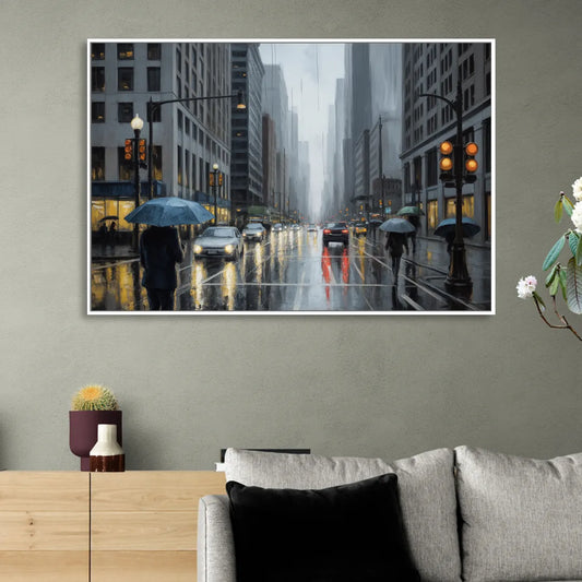 Chicago Rainy Streets in Monochrome Living Room - White Canvas Wall Art