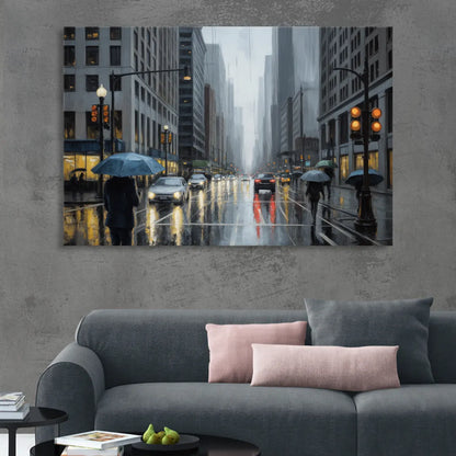 Chicago Rainy Streets in Monochrome Living Room - Canvas Wall Art